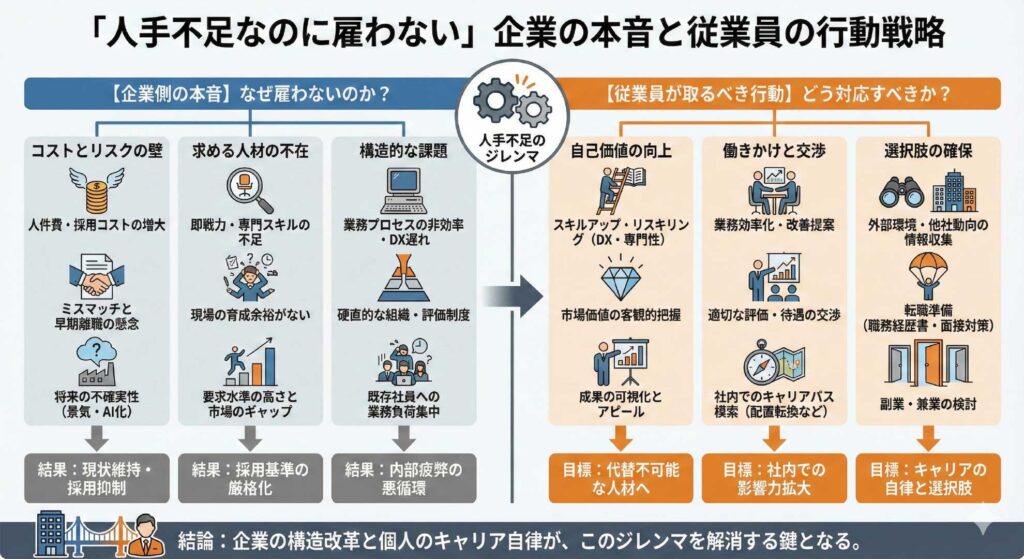 「人手不足なのに雇わない」企業の本音と従業員の行動戦略を分かりやすく図解で説明した画像。