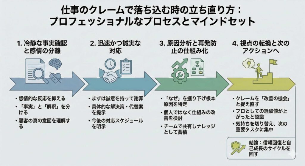 仕事のクレームで落ち込む時の立ち直り方:プロフェッショナルなプロセスとマインドセットを詳しく説明した図解画像