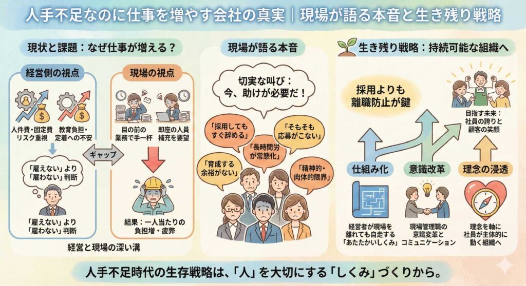 人手不足なのに仕事を増やす会社の真実｜現場が語る本音と生き残り戦略」を段階的に分かりやすくまとめた図解。・なぜ仕事が増えるのか？・現場が考える本音・生き残り持続可能な組織。