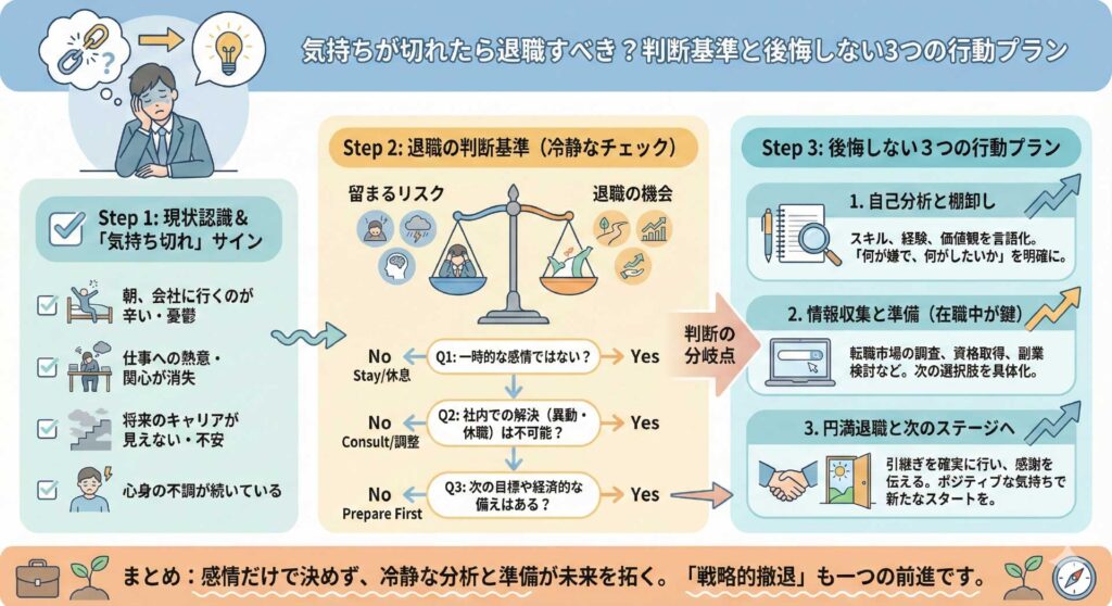 「気持ちが切れたら退職すべき？判断基準と後悔しない3つの行動プラン」を時系列で、分かりやすく図解にした画像