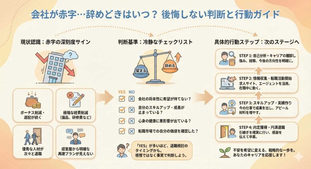 「会社が赤字・辞めどきはいつ？後悔しない判断と行動ガイド」会社が赤字だからといって今がやめ時とは限らない。冷静な判断を促すガイド。